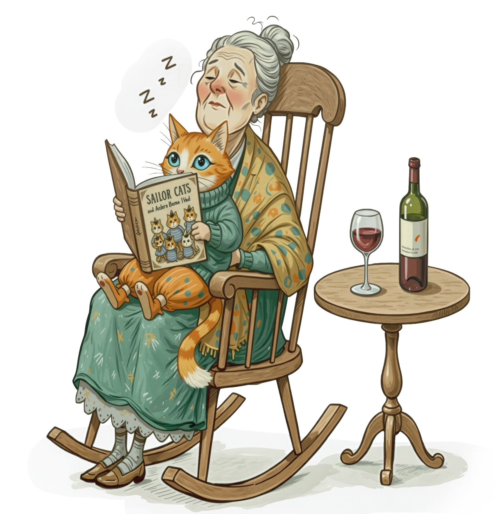 cat in the lap of an old woman, reading a book
